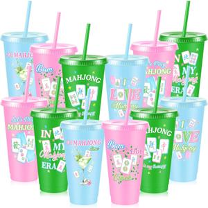 Chuangdi 12 Pcs Mahjong Cups 24 oz for Mahjong-themed Party Supplies, Plastic Reusable Tumblers with Lids and Straws Mah Jong Gifts Cup for Women Special Events Game Night Birthday Party Favors
