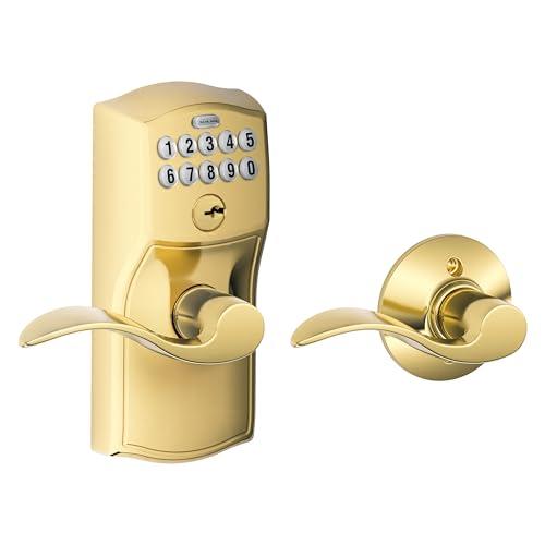 Schlage Camelot Keypad Lock with Lever Handle, Electronic Keyless Door Entry, Auto‑Lock Enabled, Bright Brass, FE575 CAM 505 ACC
