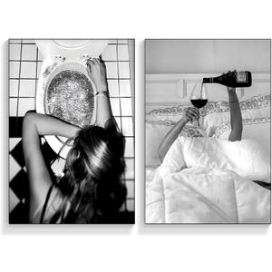2pcs Trendy Wall Art Black and White Preppy Aesthetic Canvas Poster Vintage Fashion Feminist Pictures Teen Girl Funky Home Wall Decor for Bathroom Living Room Champagne Bar Cart 12x16 inches Unframed