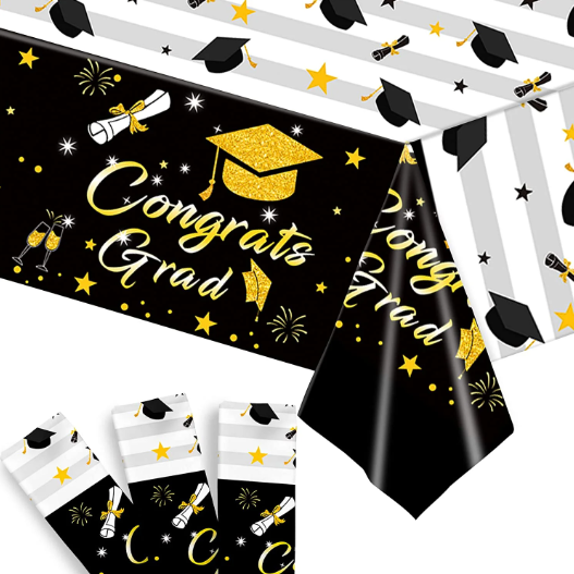 House of Party Graduation Tablecloth 3PCS | 54"x108" Black Congrats Grad Tablecloths | Graduation Tablecloth Class of 2024 | Graduation Table Cover Fireworks Design for Graduation Table Decorations