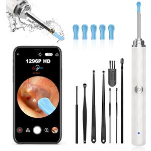Ear Wax Removal, Ear Cleaner with Camera and Light, Ear Wax Removal Kit with 1296P Otoscope, Ear Cleaning Tool with 6 Ear Spoon, Ear Camera for iPhone & Android Phones,White