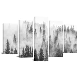 KREATIVE ARTS Black and White 5-Piece Foggy Forest Canvas Wall Art - Misty Mountain Pine Tree Landscape, Winter Nature Prints for Living Room, Bedroom, Office Decor (Large 60x32) KREATIVE ARTS Black and White 5-Piece Foggy Forest Canvas Wall Art - Misty Mountain Pine Tree Landscape, Winter Nature Prints for Living Room, Bedroom, Office Decor (Large 60x32)