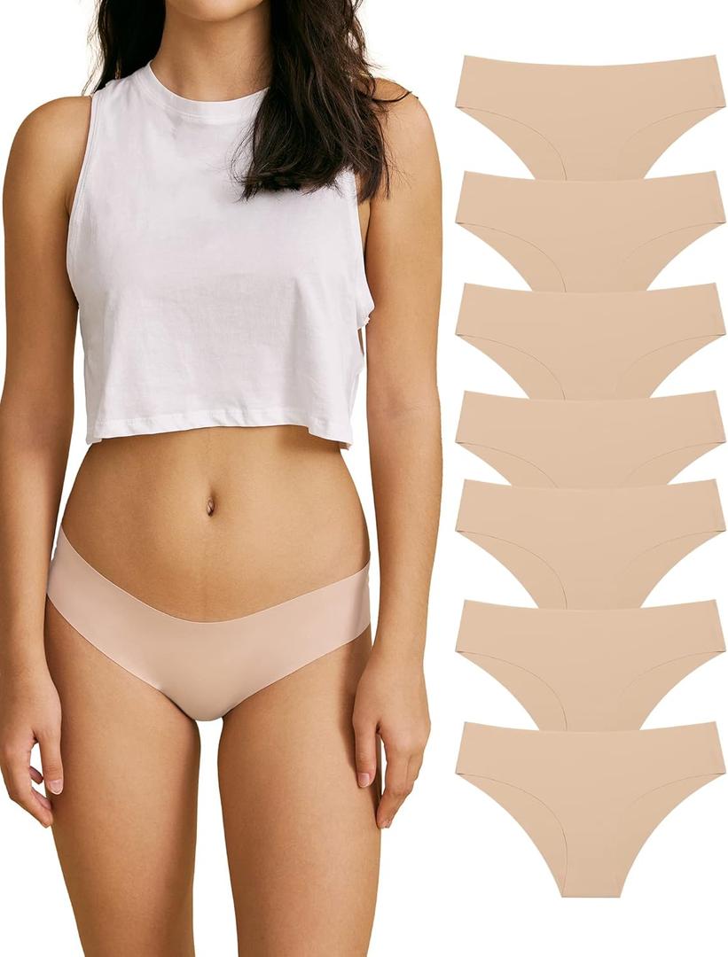 SHARICCA Women Seamless Cheeky Bikini No Show Panties Ladies Invisible Breathable Briefs Soft Stretch Underwear Multi Pack (Medium, (7 Pack) Beige)