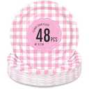 Polinook 48 Pcs Gingham Party Supplies Pink Paper Plates - 9 Inches Disposable Plaid Decorative Dinner Dessert Serving Plates - For Baby Shower Wedding Birthday Party