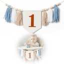 COLFULINE 1st Birthday High Chair Banner, Blue Wood Bead Tassel Banner for Kids, First Birthday Party Decorations, Photoshoot Props, Wall Hangings for Baby's Cake Smash & Party Setup