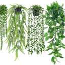 Der Rose 4Pcs Fake Plants Hanging Artificial Ivy Vine Faux Eucalyptus Hanging Plants, Boston Fern, String of Pearls for Living Room Bedroom Boho Wall Shelf Indoor Outdoor Decor (Black Pots-4pcs Green)