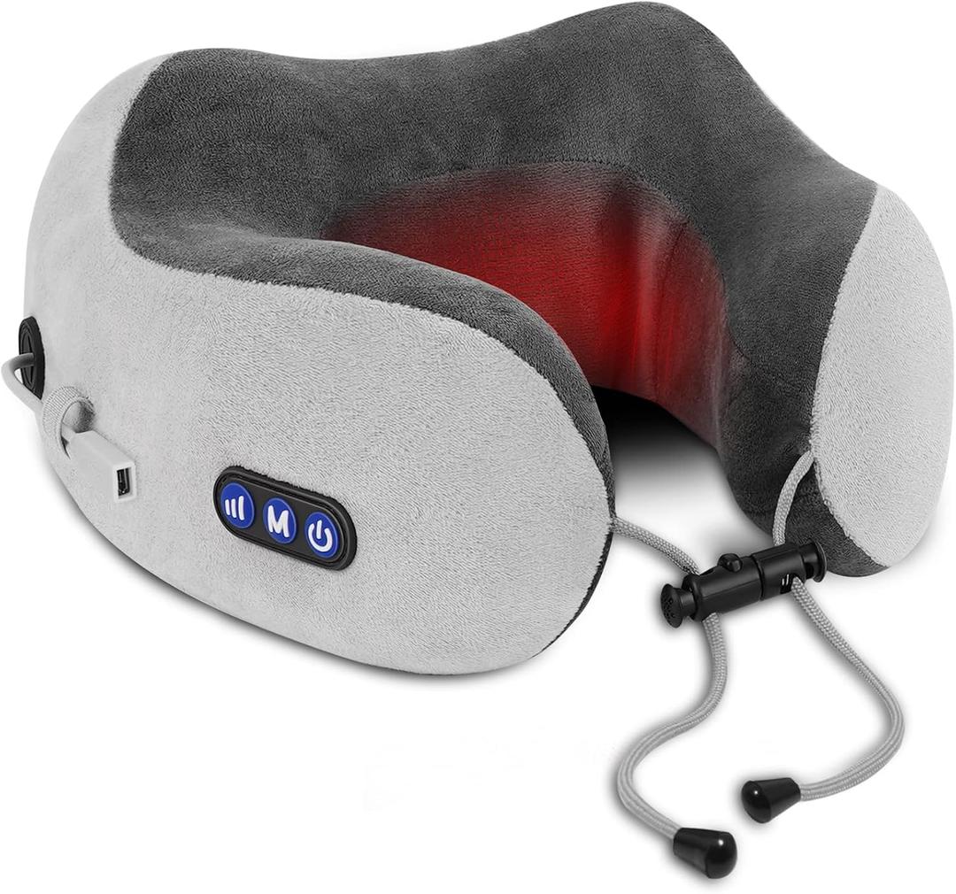 Travel Neck Pillow/Electric Neck Massager with Heating, Memory Foam Pillow for Neck Pain Relief, Neck Support Pillow for Airplane, Car, Office, Gift (Grey)