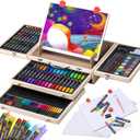 Art Supplies, Wooden Art Set Crafts Kit with Drawing Easel, Deluxe Kids Art Set, Oil Pastels, Colored Pencils, Watercolor Cakes, Creative Gift for Kids, Teens, Beginners Girls Boys (Natural)