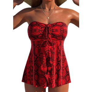 ROSEWE Two Piece Tankini Bathing Suits for Women, Removable Halter Flyaway Swimsuits, Bandeau Top with Briefs (Red, L)