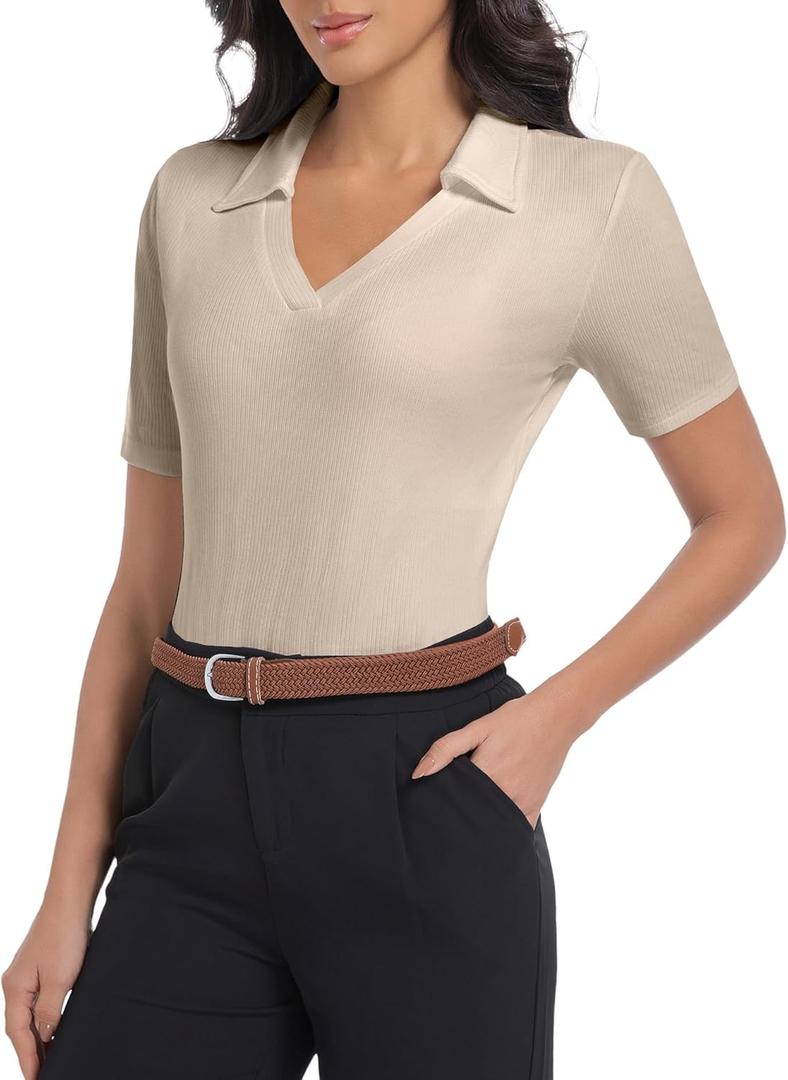 Womens Short Sleeve Business Casual Bodysuit 2025 Tops Summer V Neck Polo Work Shirts Fitted Basic Collared Bodysuit Shirt, XL, Oatmeal