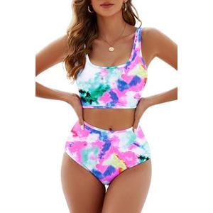 Adisputent Womens High Waisted Bikini Color Block Swimwear Bandeau Top Sports Style Scoop Crop Swimsuit 2 Piece Bathing Suits.XL