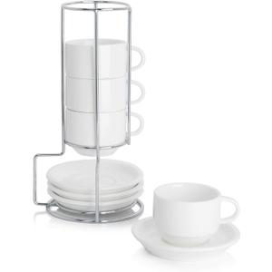 Sweese 2.5 Ounce Porcelain Stackable Espresso Cups with Saucers and Metal Stand Set of 4, White