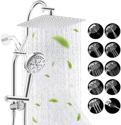 Hibbent Upgraded All Metal 10"Rainfall Showerhead Combo, High Pressure Shower Head with 10-Spray Mode Handheld, Innovative 4-way Diverter with Pause Mode, 71'' Shower Hose and Handheld Holder, Chrome
