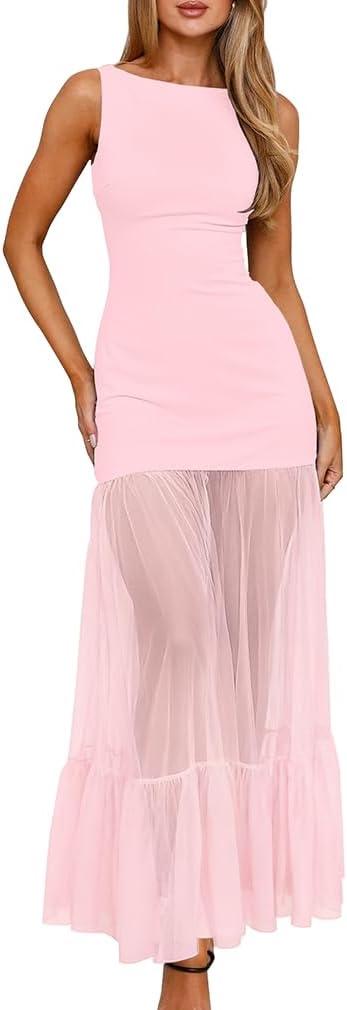 LAGSHIAN Women's Elegant Crew Neck Backless Maxi Dress Sleeveless Back Tie Mesh Evening Long Dresses, Medium