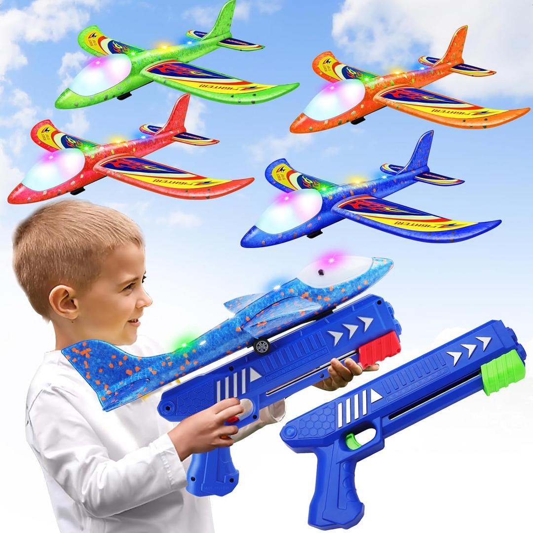 4 Pack Airplane Launcher Toys, 2 Flight Modes LED Foam Glider Catapult Plane Toy for Boys, Outdoor Flying Toys Birthday Gifts for Boys Girls 4 5 6 7 8 9 10 11 12 Year Old (Blue&green&orange&red)
