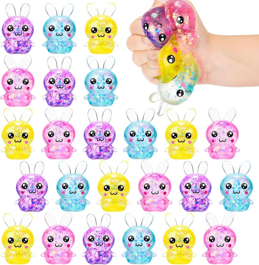 Halloscume 24 Pcs Bunny Squeeze Stress Balls Built-in Sequins Glitter Mental Health Month Basket Stuffers Slow Rising Fidget Bunny Balls Stress Relief for Easter Party Favor Birthday Rabbits Gift