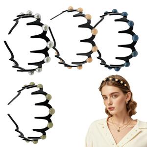 4PC Wave Pearl Hairbands for Women - Non-Slip Teeth Design, Comfortable Headbands for Daily & Special Occasions (Set of 4, One Size)