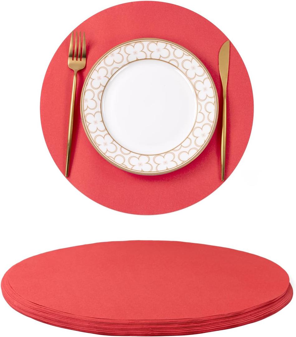 SHACOS 100 pcs Christmas Disposable Round Paper Placemats 13 inch Colored Paper Place Mats for Wedding Birthday Party Bridal Baby Shower Table Decoration, Red