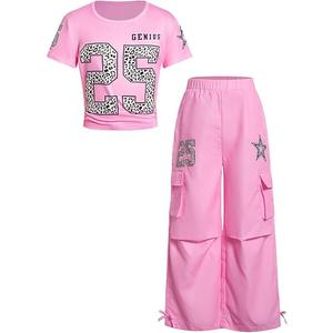 RoseSeek Girl's 2 Piece Summer Outfits Short Sleeve Ruched Basic Tess and Camo Cargo Pants Sets Trendy Pure Pink 10Y