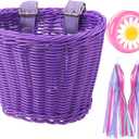 Bike Basket Kid Bicycle Basket Bike Accessories, 1pc Bicycle Bell with Stickers, 1pc Kid Bicycle Front Basket and 1pairs Colorful Ribbons Tassels Decoration for Girl Boy (Purple)