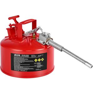 VEVOR Safety Metal Container, 2.5-Gal Type II Red Metal Container for Liquid Material with Stainless Flame Arrester, Self-Closing Lid, Flexible Metal Spout, Carbon Steel Flammable Saving with Handle