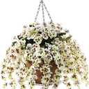 Artificial Silk Flowers in Hanging Basket Outdoor Indoor Patio Lawn Corridor Garden Decor, Fake Hanging Orchid in Basket, Hanging Orchid with 10-inch Coconut Lining Chain Palm Flowerpot(White)