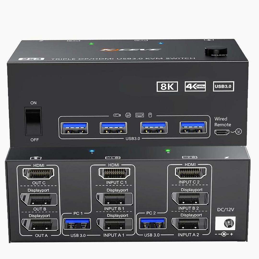 HDMI+2 DisplayPort KVM Switch 3 Monitors 2 Computers 8K60Hz 4K144Hz, Triple Monitor KVM Switch with 4 USB3.0 Port for Keyboard Mouse Printer, 1*HDMI+2*DP+2*USB Cables and Wired Controller Included (black, black)