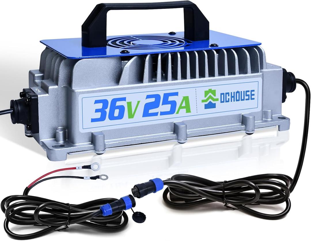 DC HOUSE 36V 25A Lithium Battery Charger, 900W Fast Charger, Charging Efficiency  93%, IP65 Waterproof Anti-Fall with Cooling Fan, Suitable for 36V Golf Cart,Trolling Motor, Forklift LiFePO4 Battery