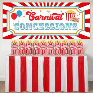 52 Pcs Carnival Circus Party Decorations Concession Stand Supplies Kit with Concession Banner 50 Popcorn Bag 1oz Red and White Striped Table Skirt Movie Night Decor for Carnival Circus Party
