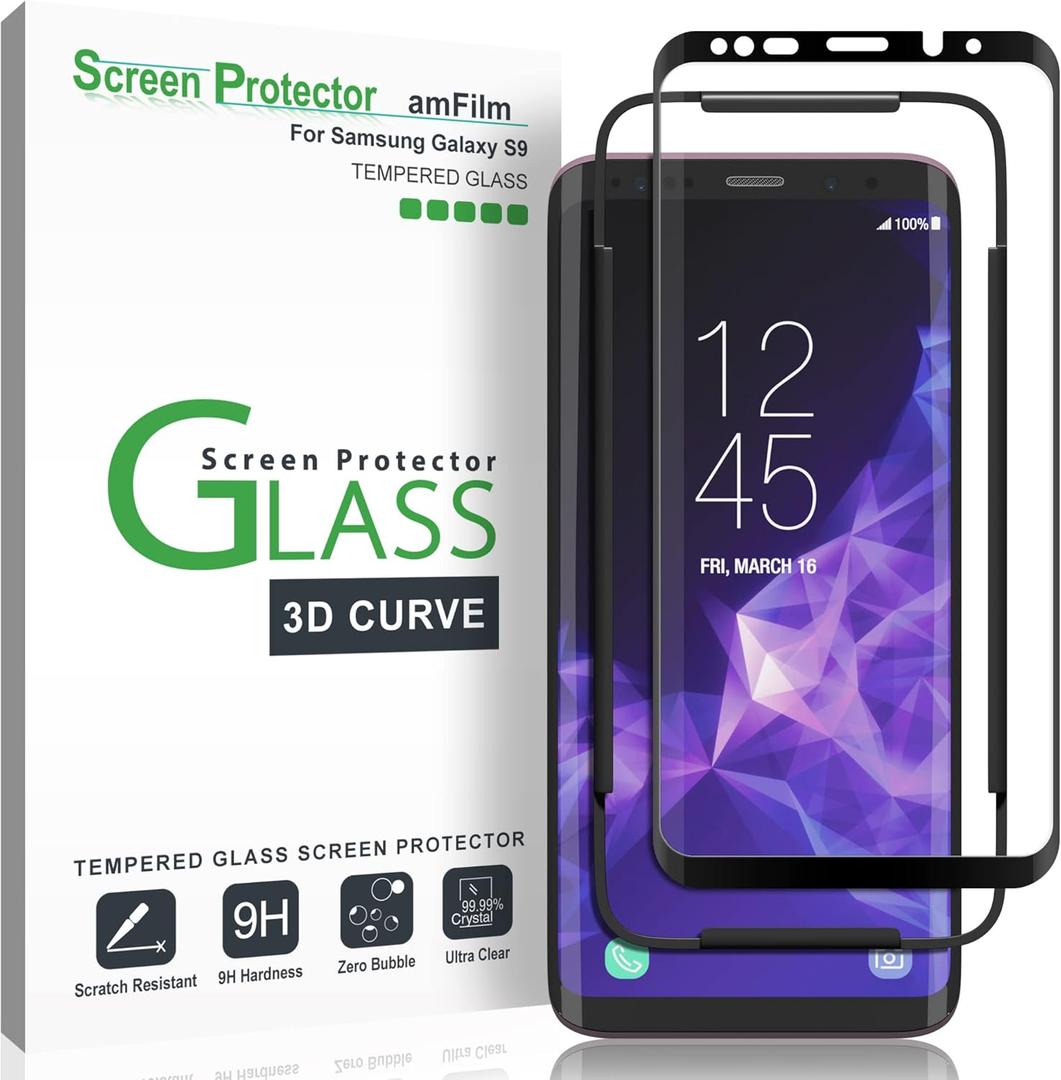 amFilm Glass Screen Protector for Samsung Galaxy S9, 3D Curved Tempered Glass, Dot Matrix with Easy Installation Tray, Case Friendly (Black), 1 Pack