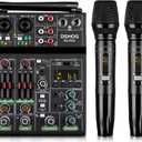 Professional Audio Mixer, 4 Channel Sound Mixer With Dual Wireless Mic, Sound Board Console MP3 Bluetooth 48V Phantom Power USB Interface DJ Mixing for Home Karaoke Party Computer Studio Recording