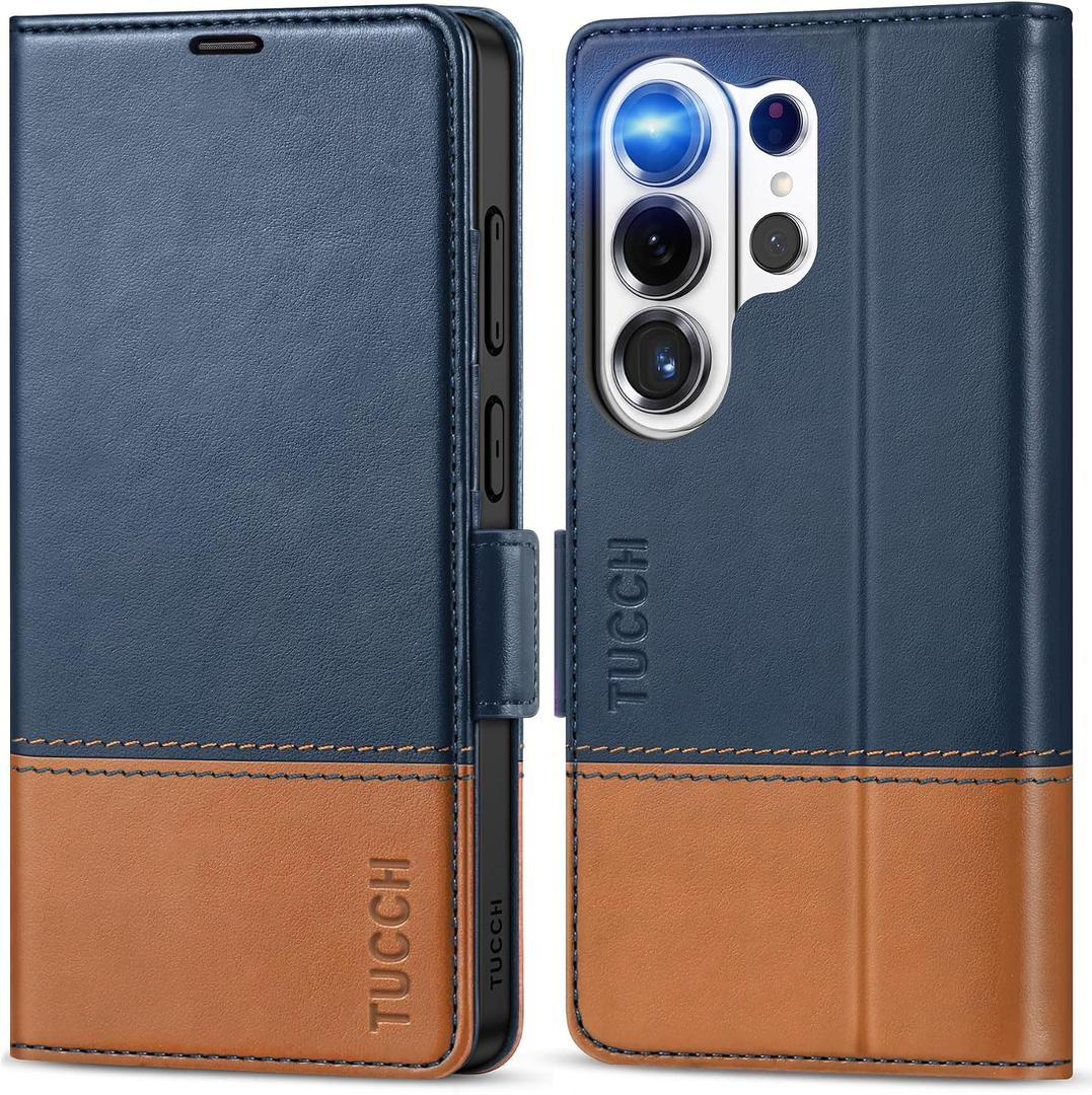 TUCCH Case Wallet for Galaxy S26 Ultra, PU Leather Magnetic Kickstand [RFID Blocking] 4 Card Slot Folio Flip Cover with [TPU Shockproof Interior Case] Compatible with Galaxy S26 Ultra, Blue & Brown