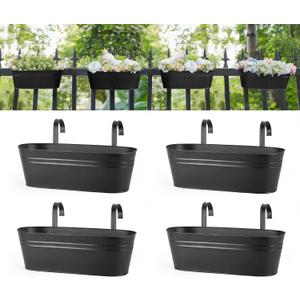 Dahey 4 Pcs Metal Hanging Flower Pots for Railing Fence Outdoor Planter 15.7 Inch Hanging Bucket Pots Countryside Window Flower Plant Holder with Detachable Hooks for Garden Yard Home Decor,Black