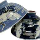 Japanese Mino Ware Ceramic Rice Bowl Set, Cranes Pattern, 4.9 Inches Diameter x H2.6 Inches, 13.5 Fluid Ounces Blue and Navy, Set of 2 from Japan(Cranes BL NVY)