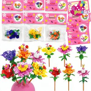 WODMAZ Flower Bouquet Building Blocks, 24 Packs Romantic Flower Toys Easter Gifts for Kids Easter Theme Party Favors Egg Hunt Basket Stuffer, Classroom Prize Supplies