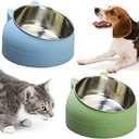 PINVNBY 2PCS Raised Cat Bowl Tilted 15° Slanted Elevated Bulldog Feeder Non-Spill Dog Kitten Food Dish Anti-Slip Detachable Pet Stainless Steel Slope Base for Small Pets (13.5oz/400ML Green+Blue)