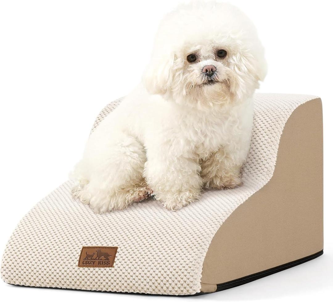 COZY KISS Dog Stairs for Small Dogs 11.8" H, Curved Dog Step for Puppy, Older Cat, Medium Pet Ramp for Sofa, Couch or Chair, Ladder with High Density Foam, 2 Step, Beige