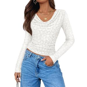 ZESICA Women's Long Sleeve Floral Tops Cowl Neck Slim Fit Going Out Shirts 2026 Spring Fashion Outfits Clothes White X-Large