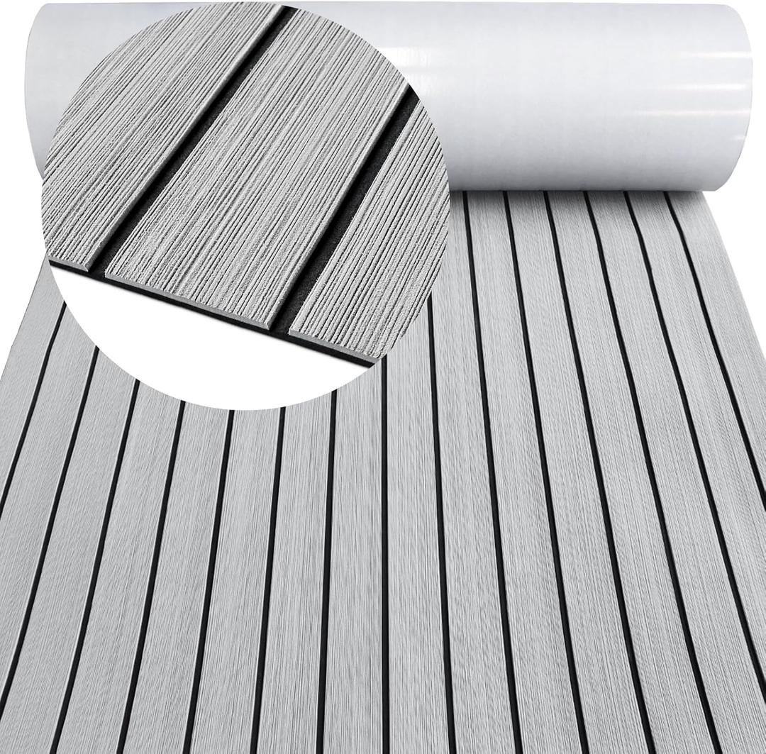 EVA Foam Decking 94x45/35/16 Faux Teak Marine Carpet Non-Slip Self-Adhesive Foam Deck Mat Rolls Sheet for MotorBoats, Pontoon, Yacht, Jon Boat Floor (Light Grey With Black Seam)