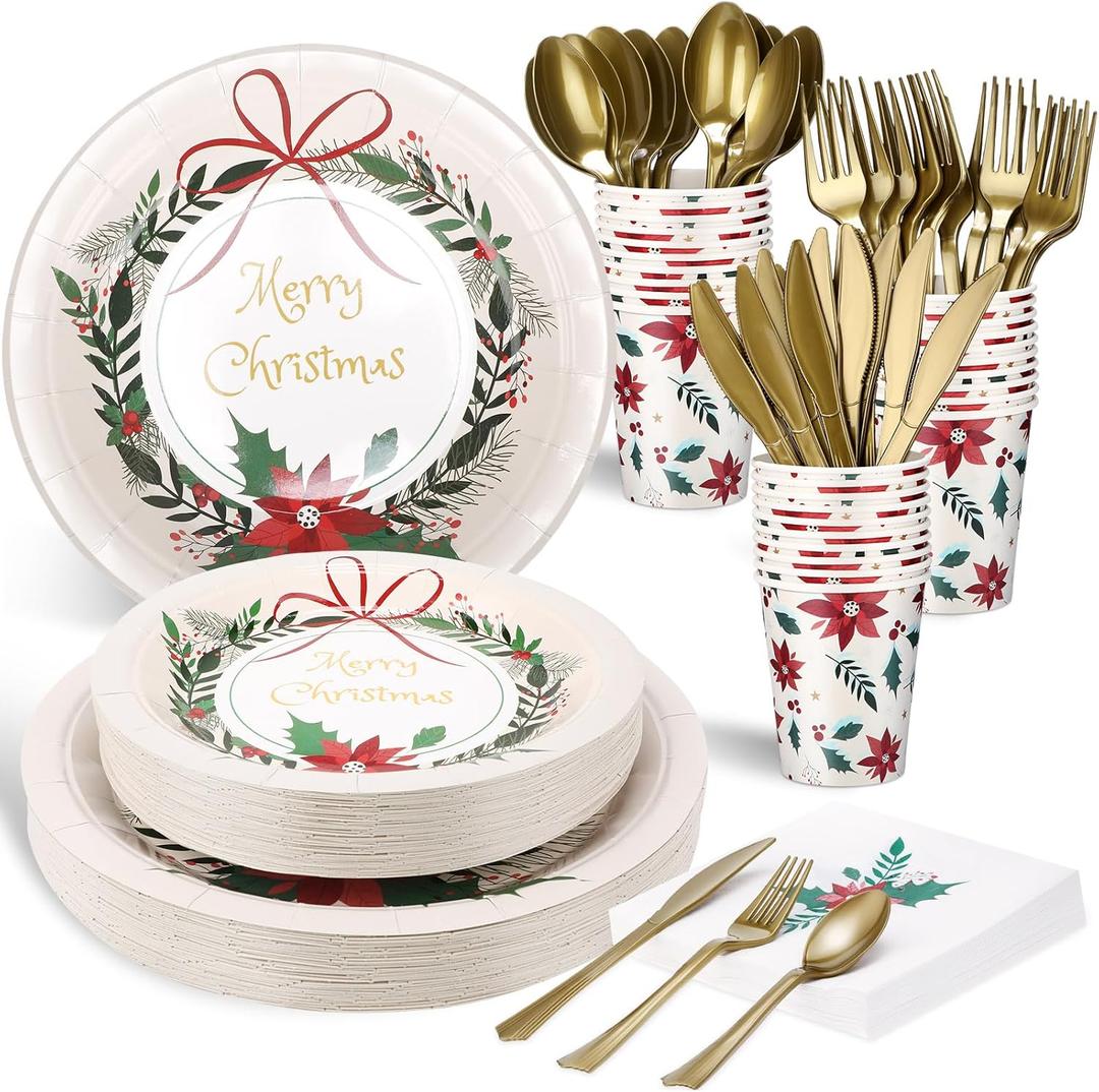 Sliner 350 Pcs Christmas Party Supplies Disposable Christmas Tableware Set 100 Paper Plates 50 Cup Napkin Knives Fork Spoon Xmas Holiday Party Dinnerware Table Decoration Classic Xmas Tableware