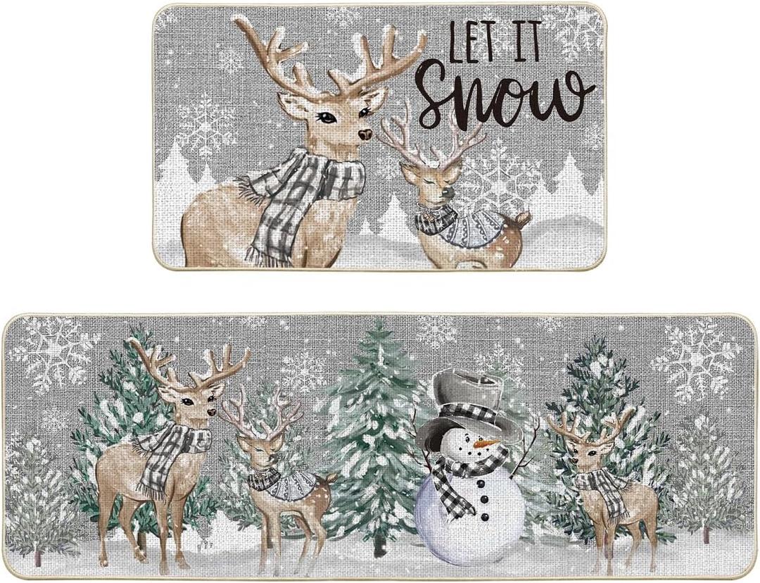 Artoid Mode Deer Tree Let It Sonw Snowflakes Christmas Kitchen Mats Set of 2, Winter Decor Low-Profile Kitchen Rugs for Floor - 17x29 and 17x47 Inch (Silver)