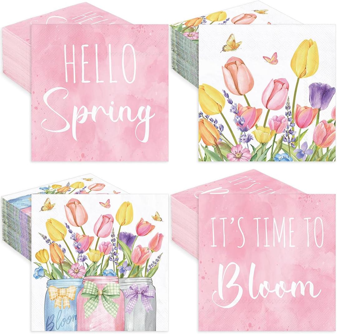 JarThenaAMCS 200 Pcs Hello Spring Tulip Cocktail Napkin Pink Flower Disposable Paper Napkin Floral Drink Beverage Napkins for Bar Party Table Decor