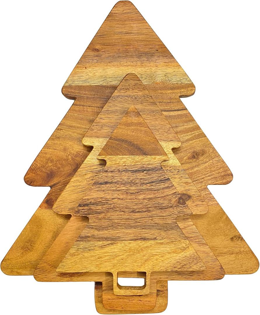 WOODLERY Christma Tree Shaped Wood Cutting Board Set for Kitchen, 3 Pieces Tree Wooden Cutting Boards, Charcuterie Serving Trays, Wooden Cutting Boards with Handles for Decoration