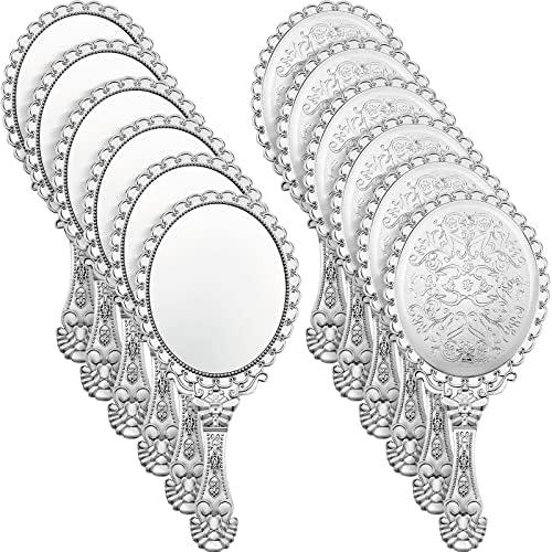Qunclay Only 8 Pcs Vintage Handheld Mirror, 9.8" L x 4.5" W Small Sliver Embossed Portable Princess Mirror for Classroom Kids Princess Party Favors Travel