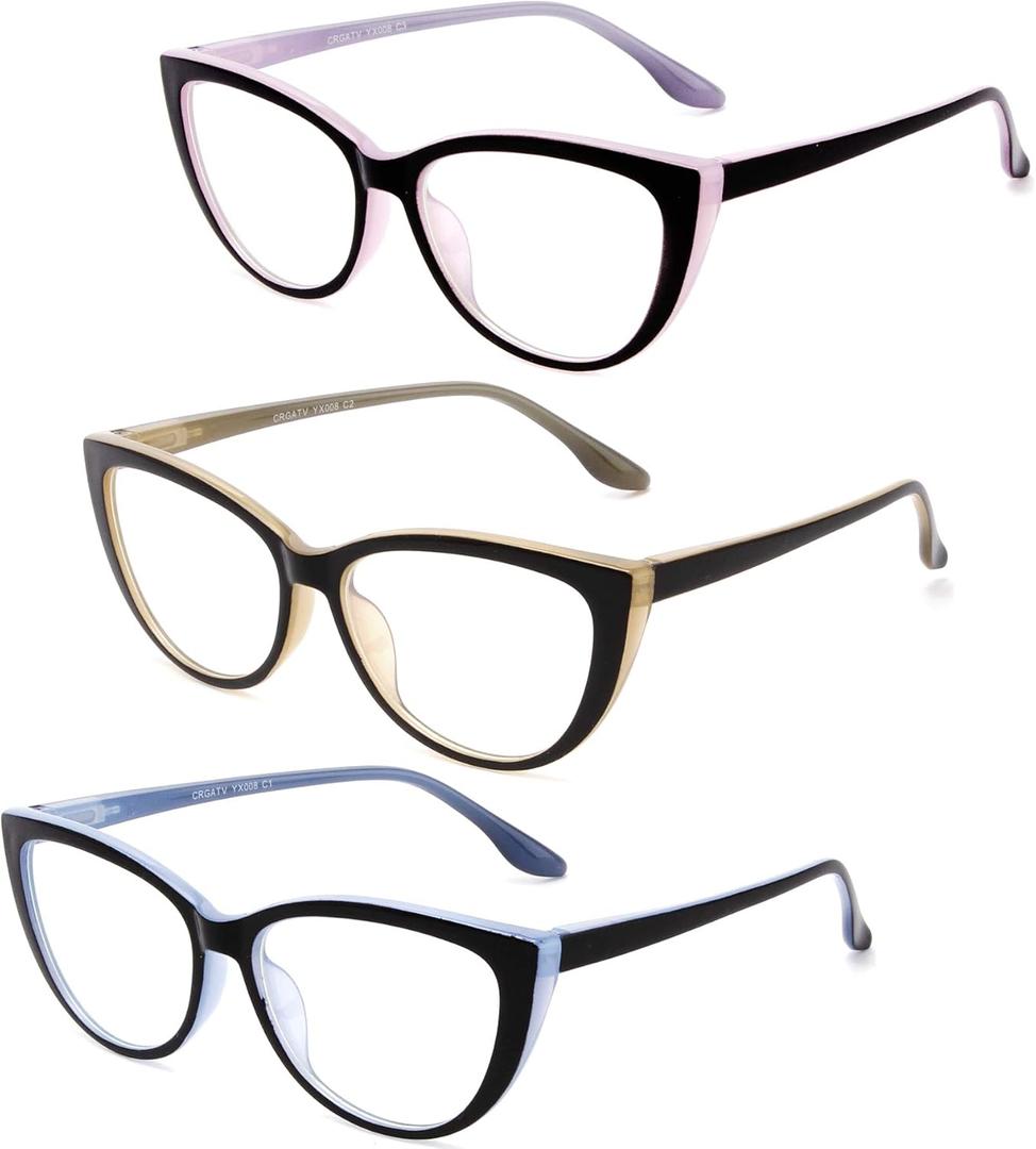 CRGATV 3 Pack Reading Glasses Blue Light Blocking Stylish Cat Eye Computer Readers Anti Eyestrain & Glare for Women (Blue Yellow Pink)