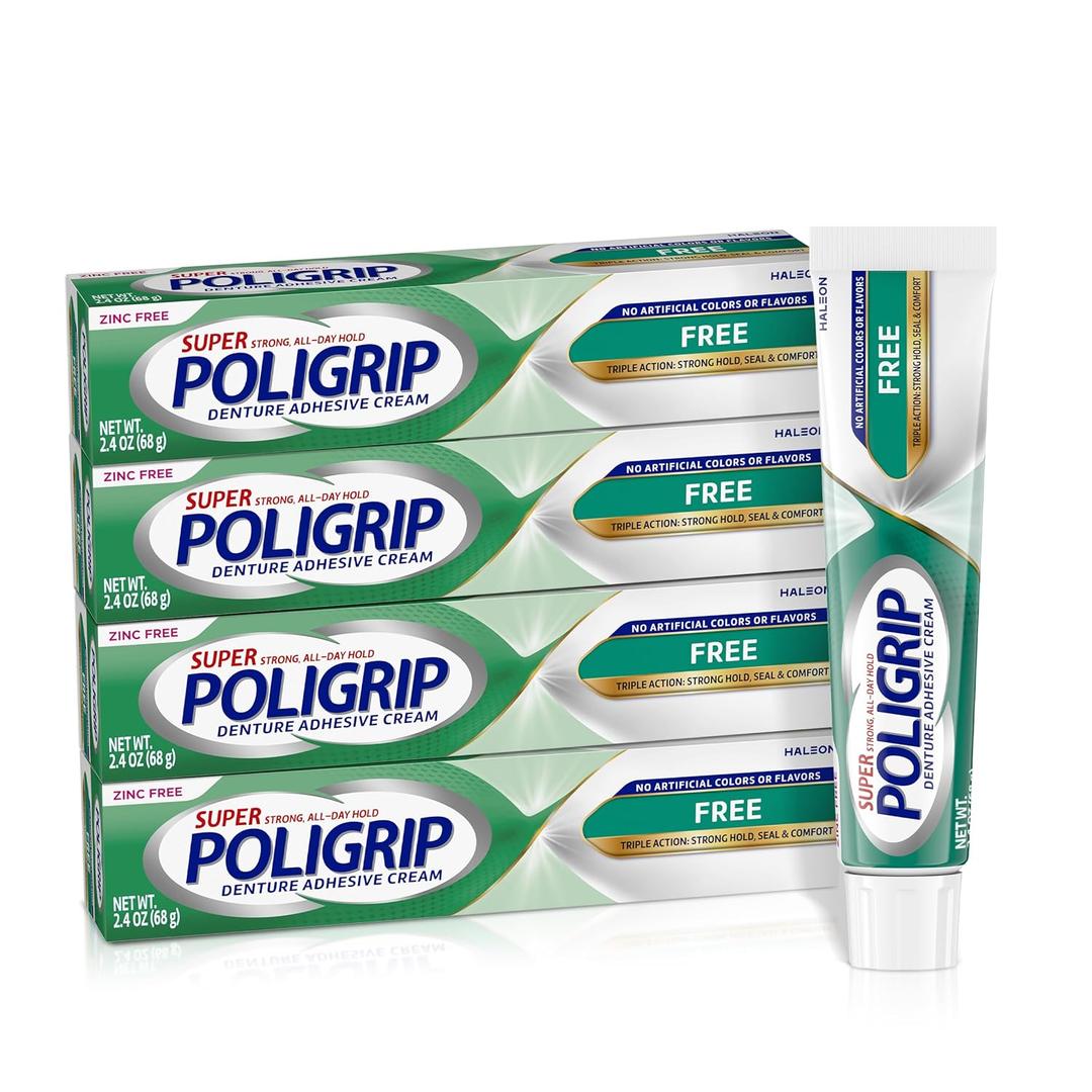 Super Poligrip Zinc Free Denture and Partials Adhesive Cream, 2.4 Ounces, Pack of 4