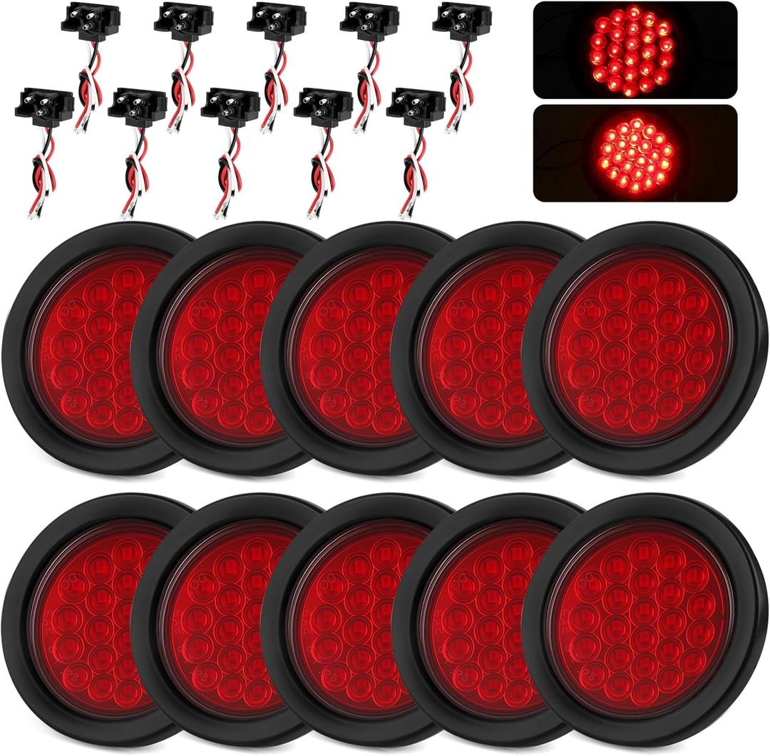10Pcs 4 Inch Round Led Trailer Tail Lights, Red 24 LED Trailer Lights Waterproof, 4" Stop Turn Brake Led Tail Lights Sealed Flush Mount for Trucks RV Include Grommets 3-Prong Wire Plugs