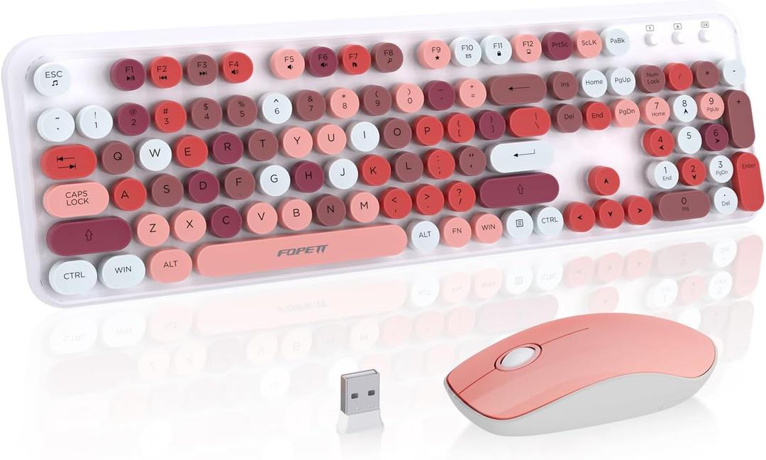 Keyboard and Mouse Wireless,Cute Retro Wireless Keyboard Mouse Combo with Round Key,2.4Ghz Dropout-Free Connection,Typewriter Wireless Keyboard Mouse Set for PC Laptop Desktop Computer-Pink Colorful