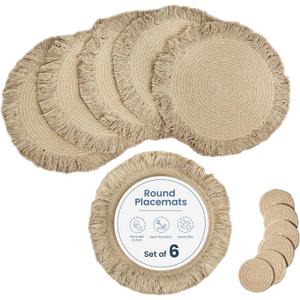 The Fine Living Co. Braided Cotton Placemats (Set of 6, 15 Inches) with 6-Free Coasters, Washable Anti-Slip Heat Resistant Mats, Boho Woven Round Table Mats for Summer Table Decor, Kitchen and Dining