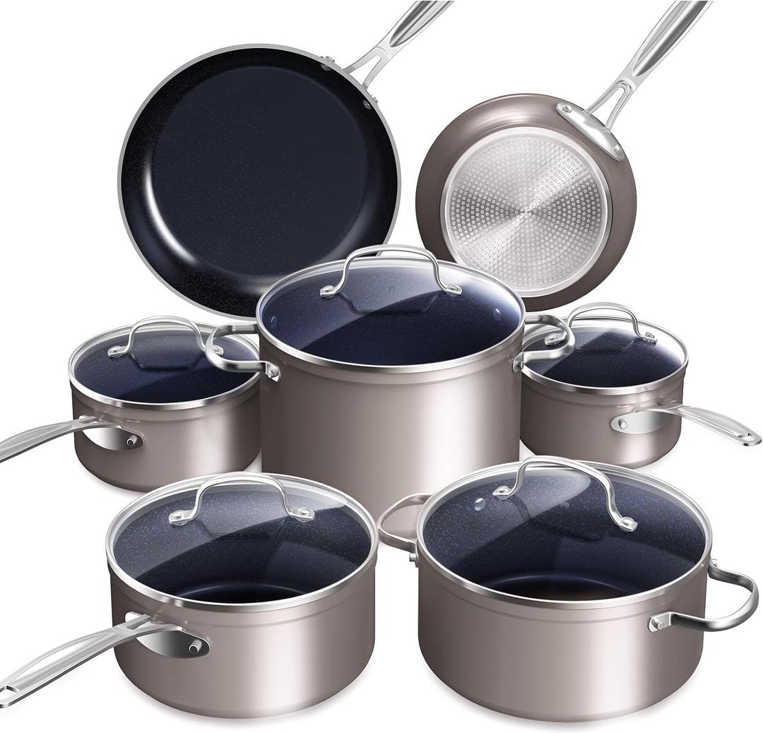 Nuwave Healthy Duralon Blue Ceramic Nonstick Cookware Set, Diamond Infused Scratch-Resistant, PFAS Free, Dishwasher & Oven Safe, Induction Ready & Evenly Heats, Tempered Glass Lids & Stay-Cool Handles (Clay)
